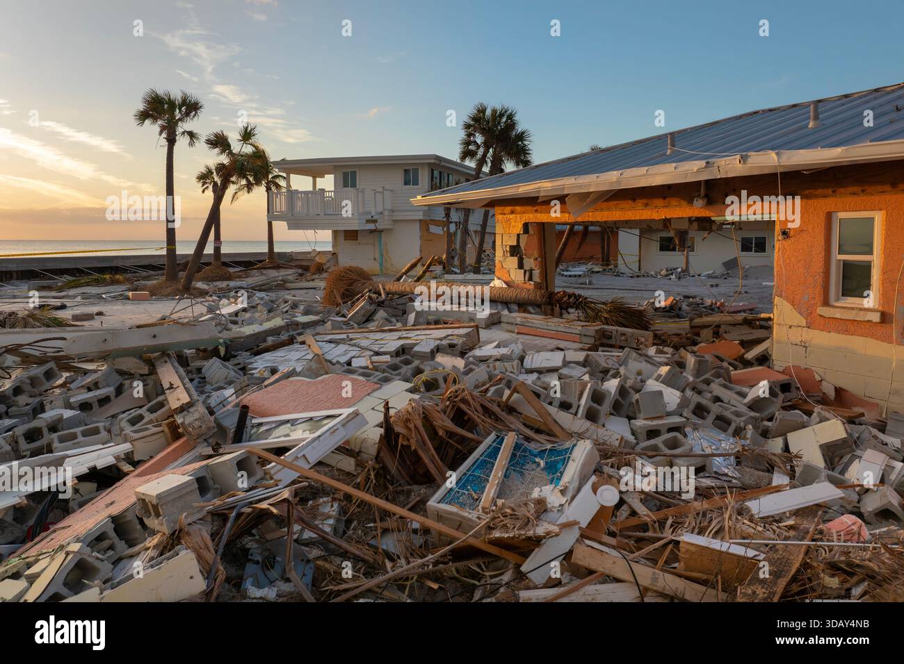 Destroyed houses on ocean shore after hurricane Milton landfall ...