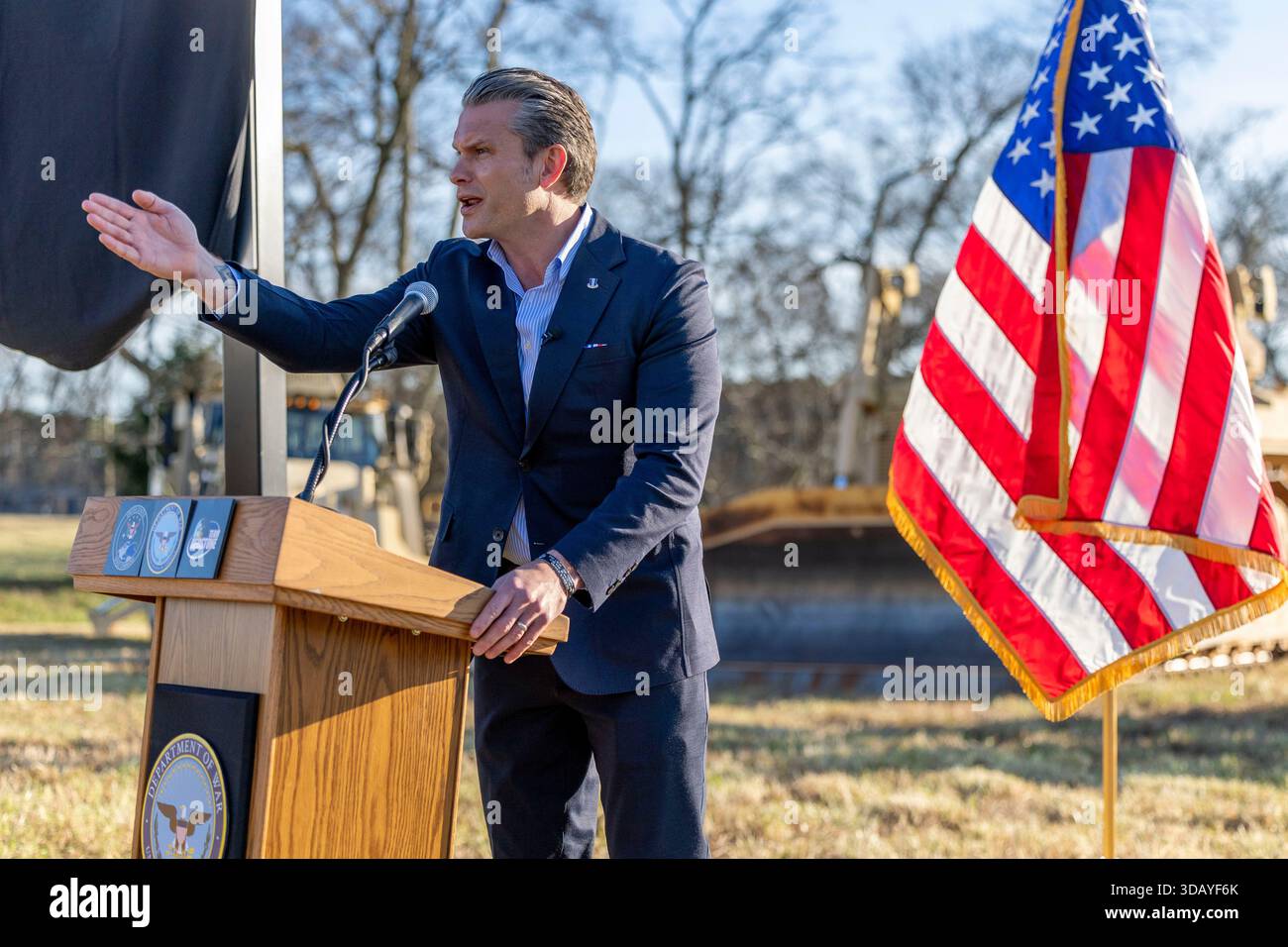 Defense Secretary Pete Hegseth speaks during the unveiling of the sign