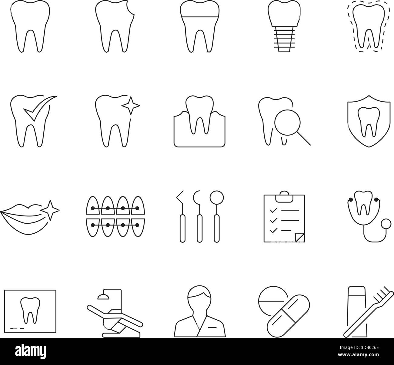Dental and Oral Hygiene Thin Line Icons Set. Vector Outline Symbols for Teeth, Dentist, Implants, Tools, and Health Care. Stock Vector