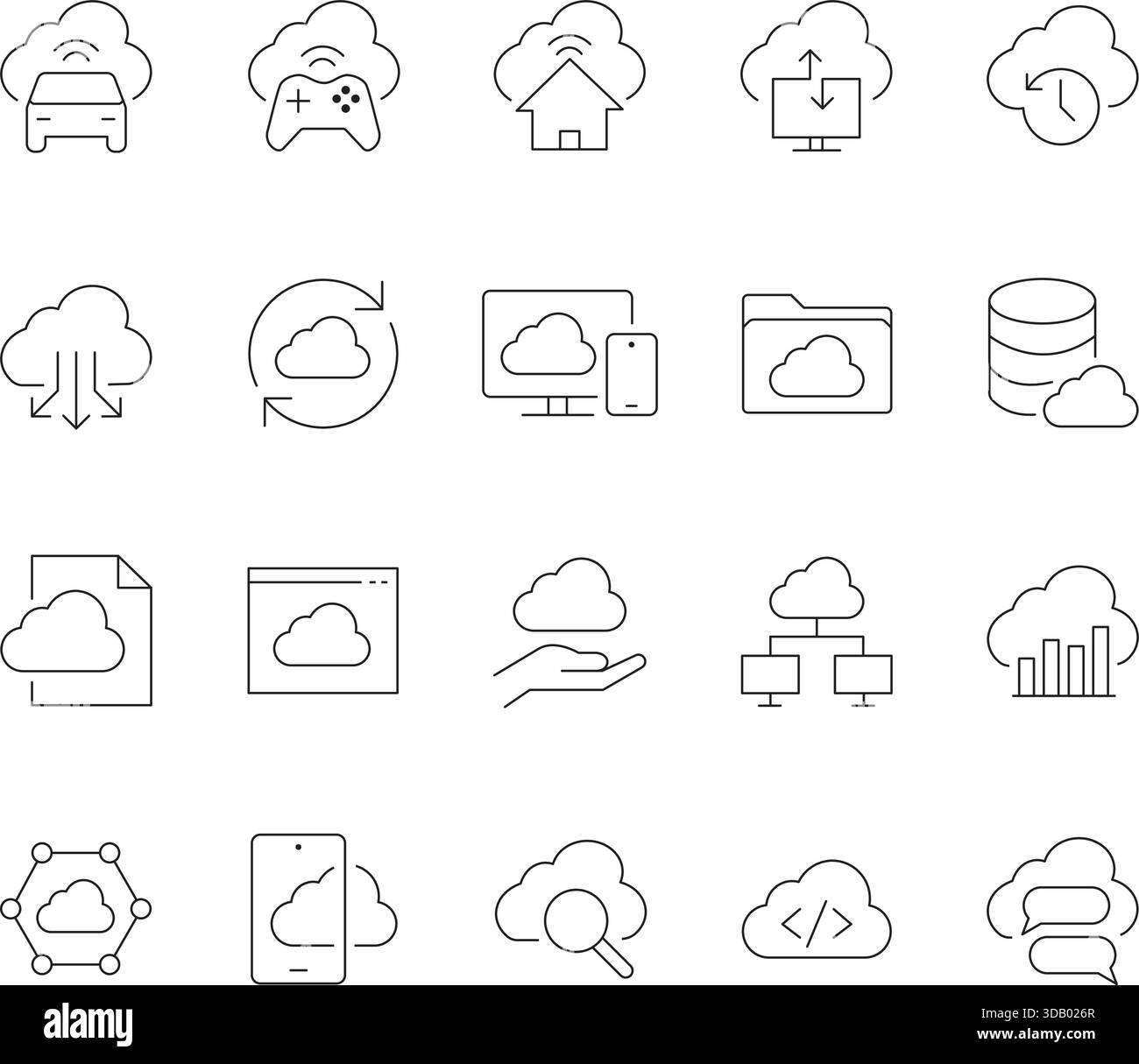 Cloud Computing and Data Storage Thin Line Icons Set. Vector Outline Symbols for Digital Networking, Synchronization, Server, and Technology. Stock Vector