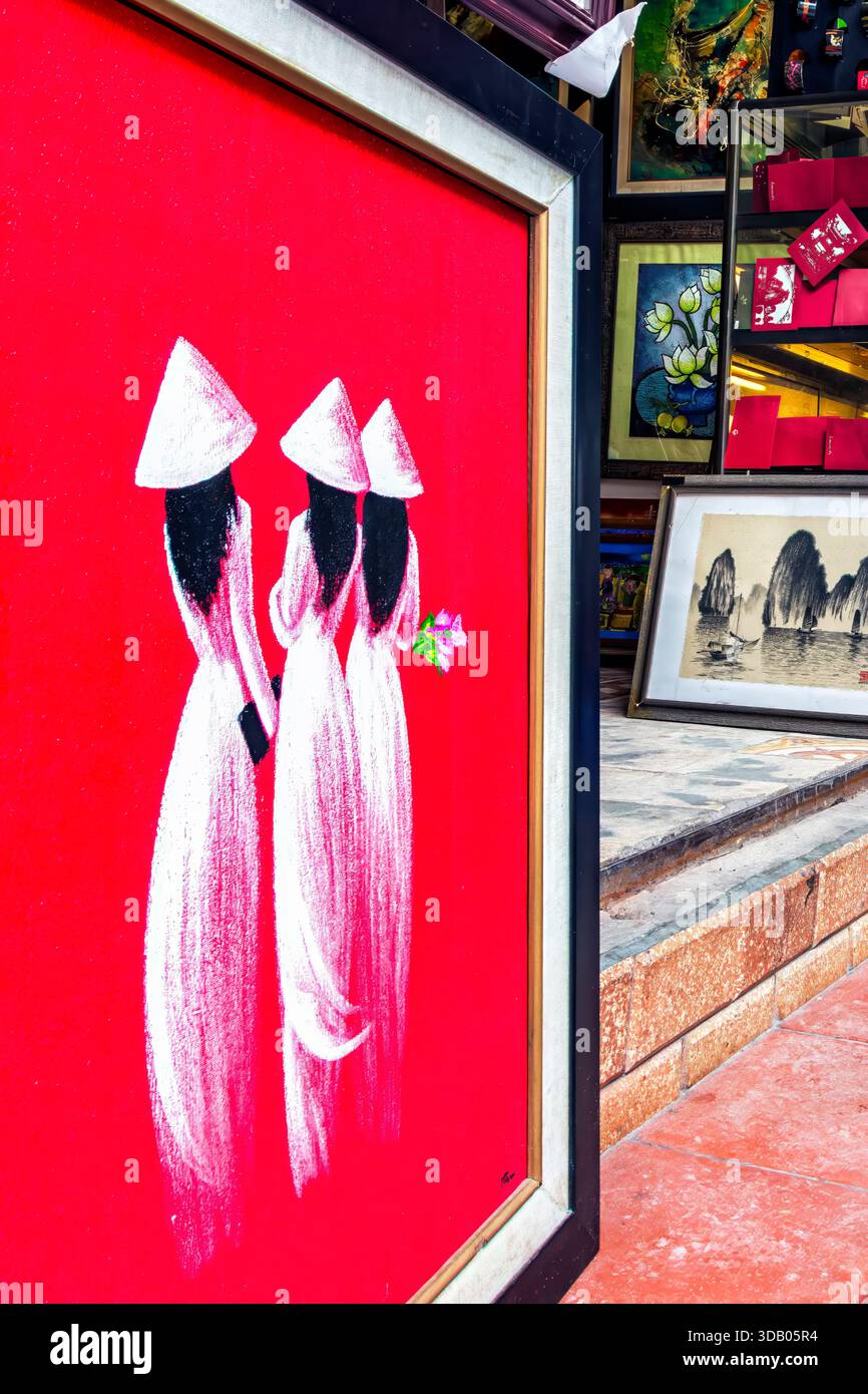 Paintings on display in art gallery, Old Quarter, Hanoi, Vietnam Stock ...