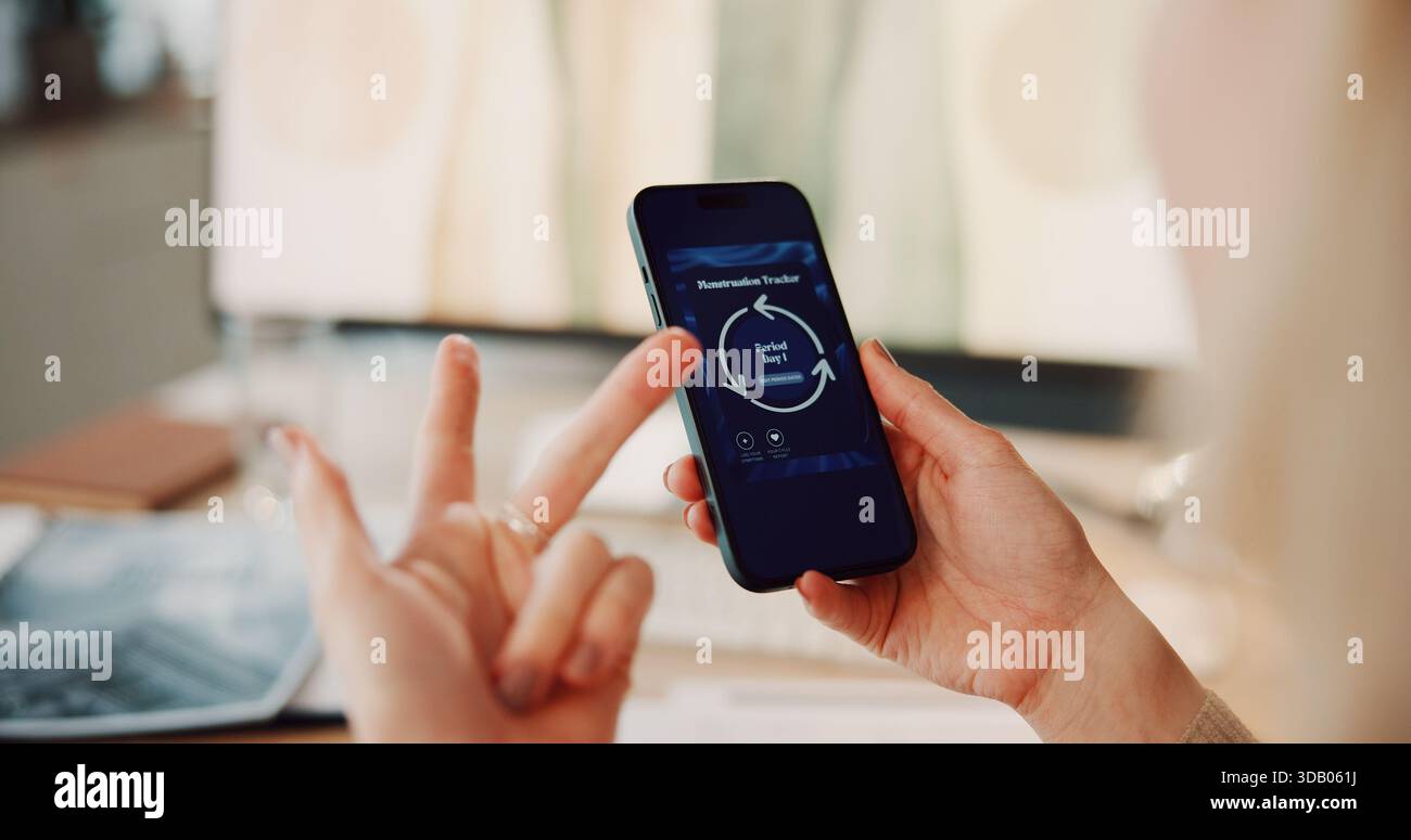 Hands, menstrual cycle and phone screen with woman in home for counting days or period tracking. Fingers, gynecology app and schedule with person in Stock Photo