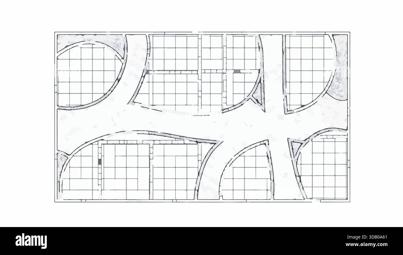 Architectural floor plan drawing with grid lines and curved pathways on ...