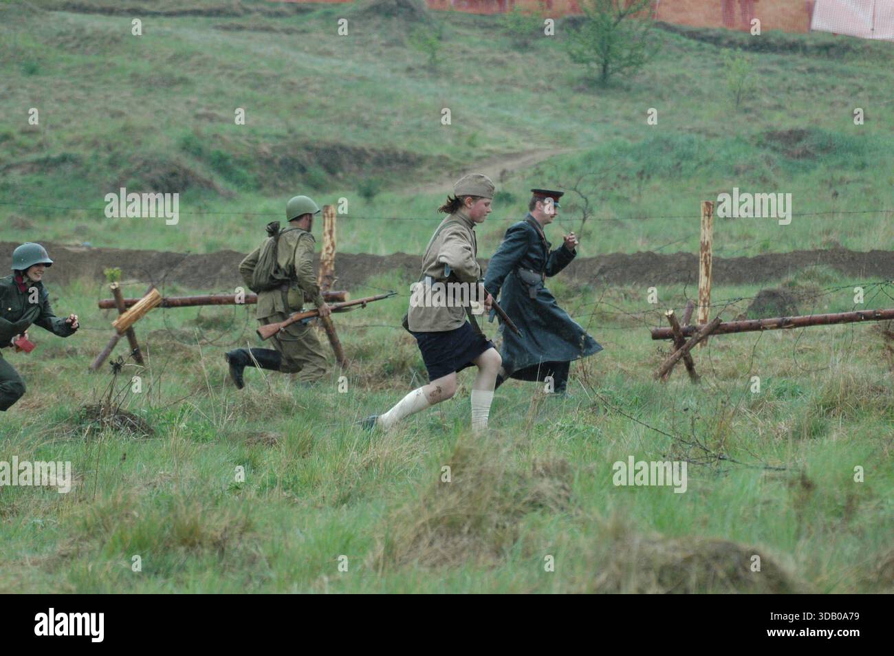 Soviet Retreating Soviet Red Army soldiers retreating during World War II reenactment of ...