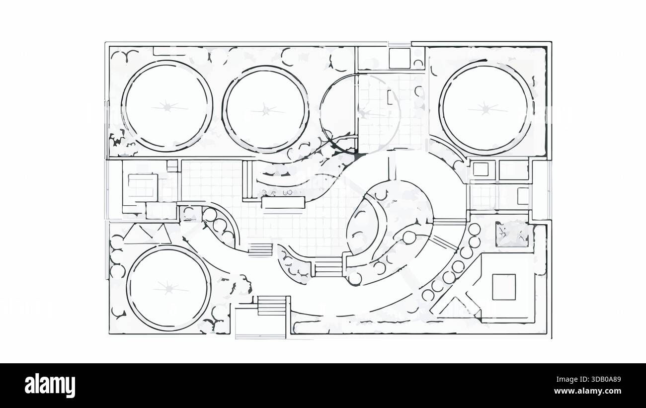Circular Lay Example Drawing Architectural landscape plan drawing with circular elements, pathways ...