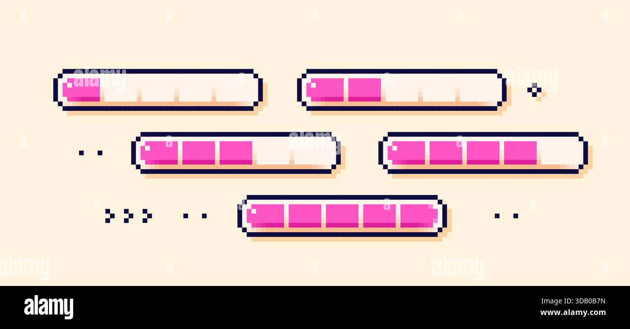 Pixel percentage scale. Magenta loading process bars. Stock Vector
