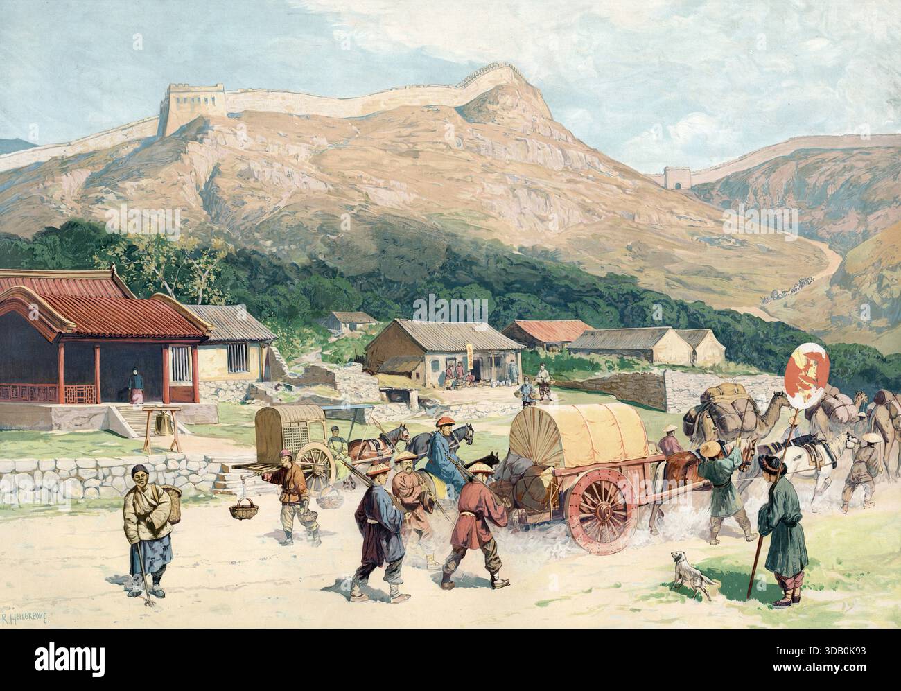 Deutsche Kolonie, Dorfszene und chinesische Mauer am Nankou-Pass, China, authentische Reproduktion eines Schulwandbildes, historisch, um 1900 Stock Photo