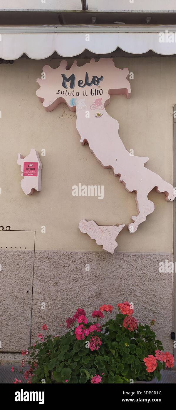 The historic center of Bagno di Romagna with a reminder of the passage of the Giro d'Italia cycling race - Stock Image