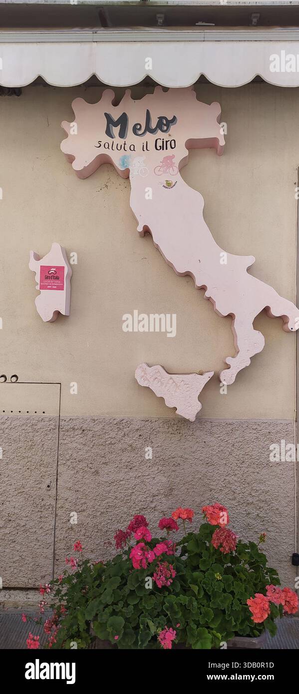 The historic center of Bagno di Romagna with a reminder of the passage of the Giro d'Italia cycling race - Stock Image