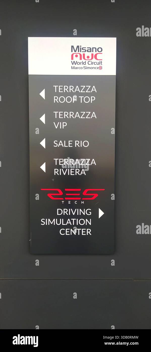The entrance panel to the room where the racing car driving simulators are located on the Misano Adriatico circuit - Stock Image