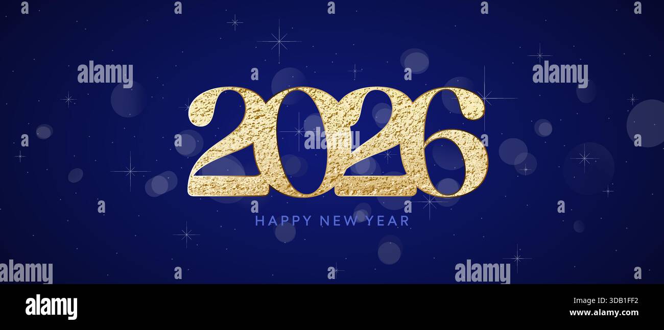 2026 New Year card, gold glitter logo on blue background Stock Vector ...