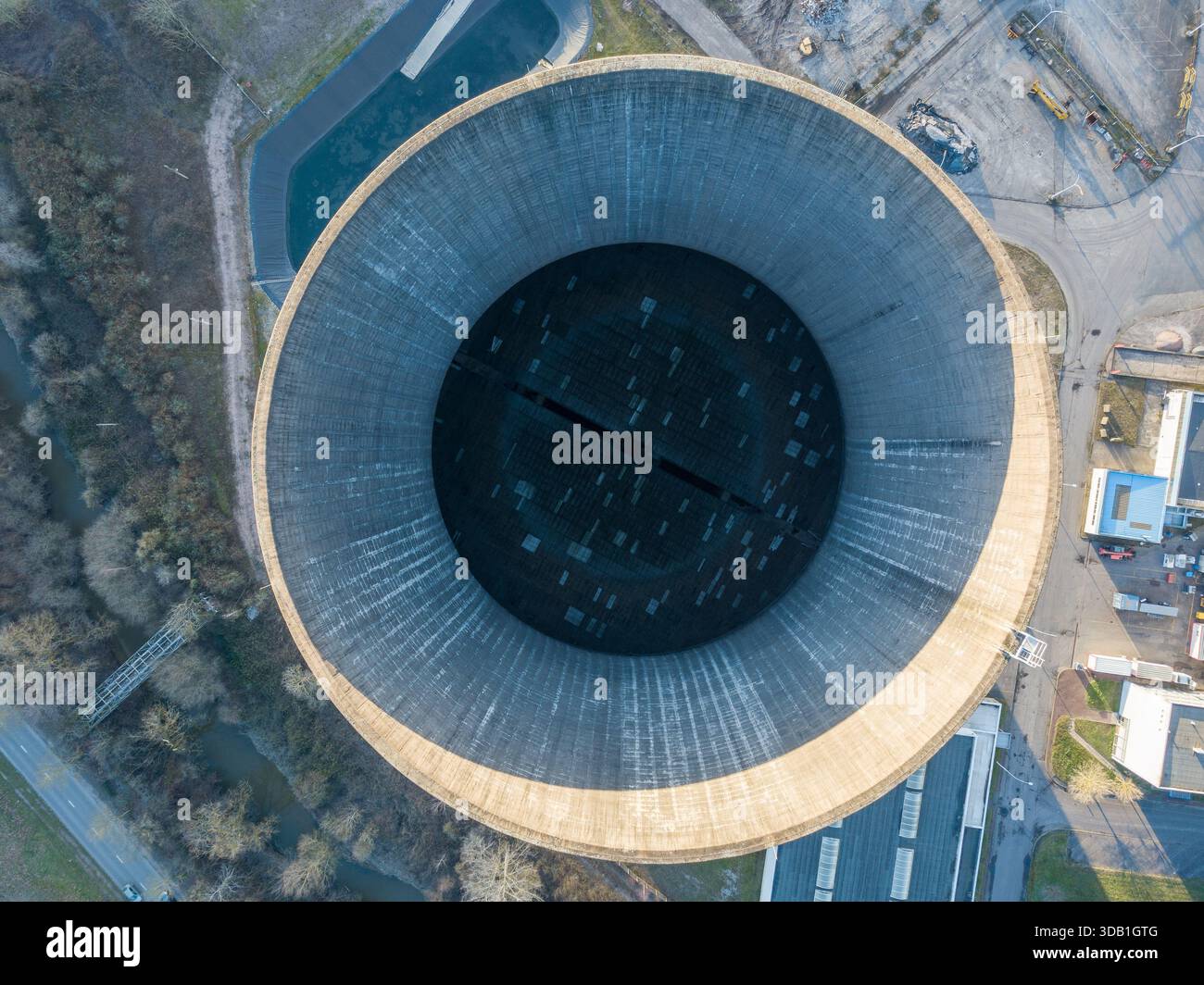 Aerial Top View of Abandoned Cooling Tower at Decommissioned Power ...