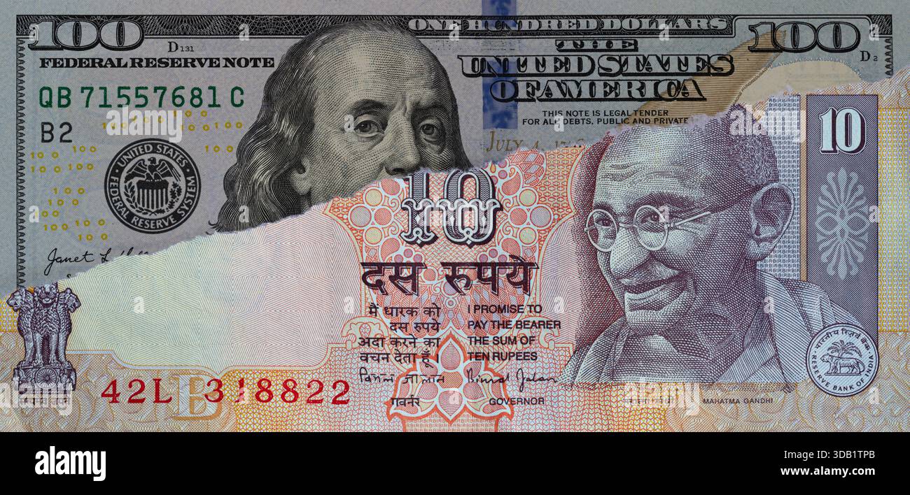orn One Hundred US Dollar Revealing Ten Indian Rupees Stock Photo - Alamy
