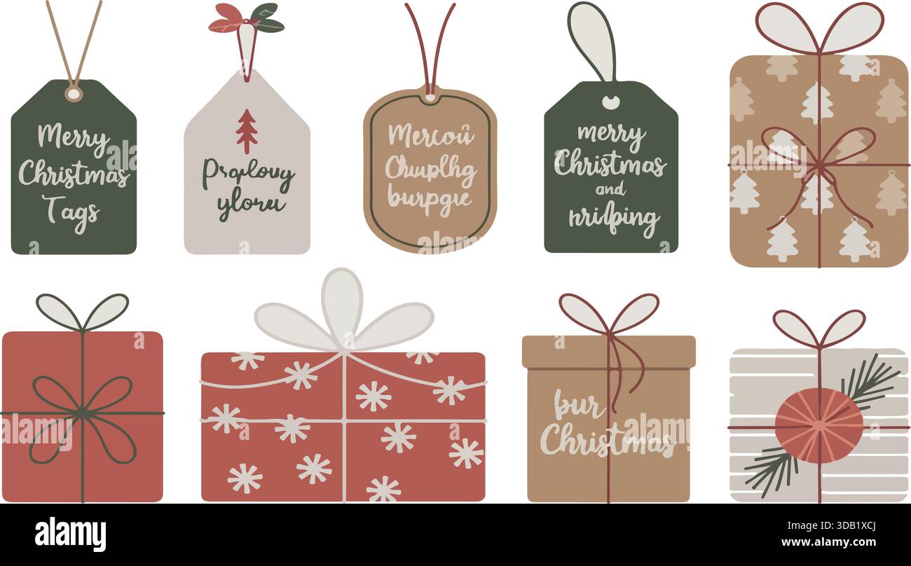 Collection of Festive Christmas Gift Tags and Wrapped Presents with ...