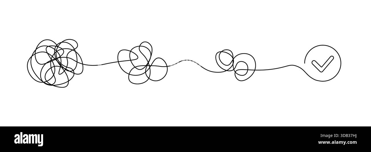 Chaos line problem solve concept. Mess order arrange untangle brain calm problem mind solution Stock Vector