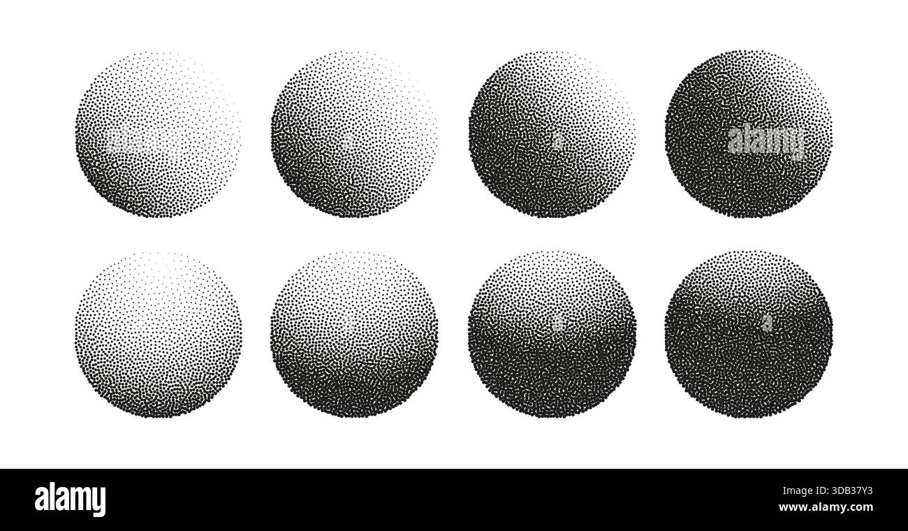 Dotwork halftone circle vector background set. Abstract circle dot explosion burst half tone effect Stock Vector