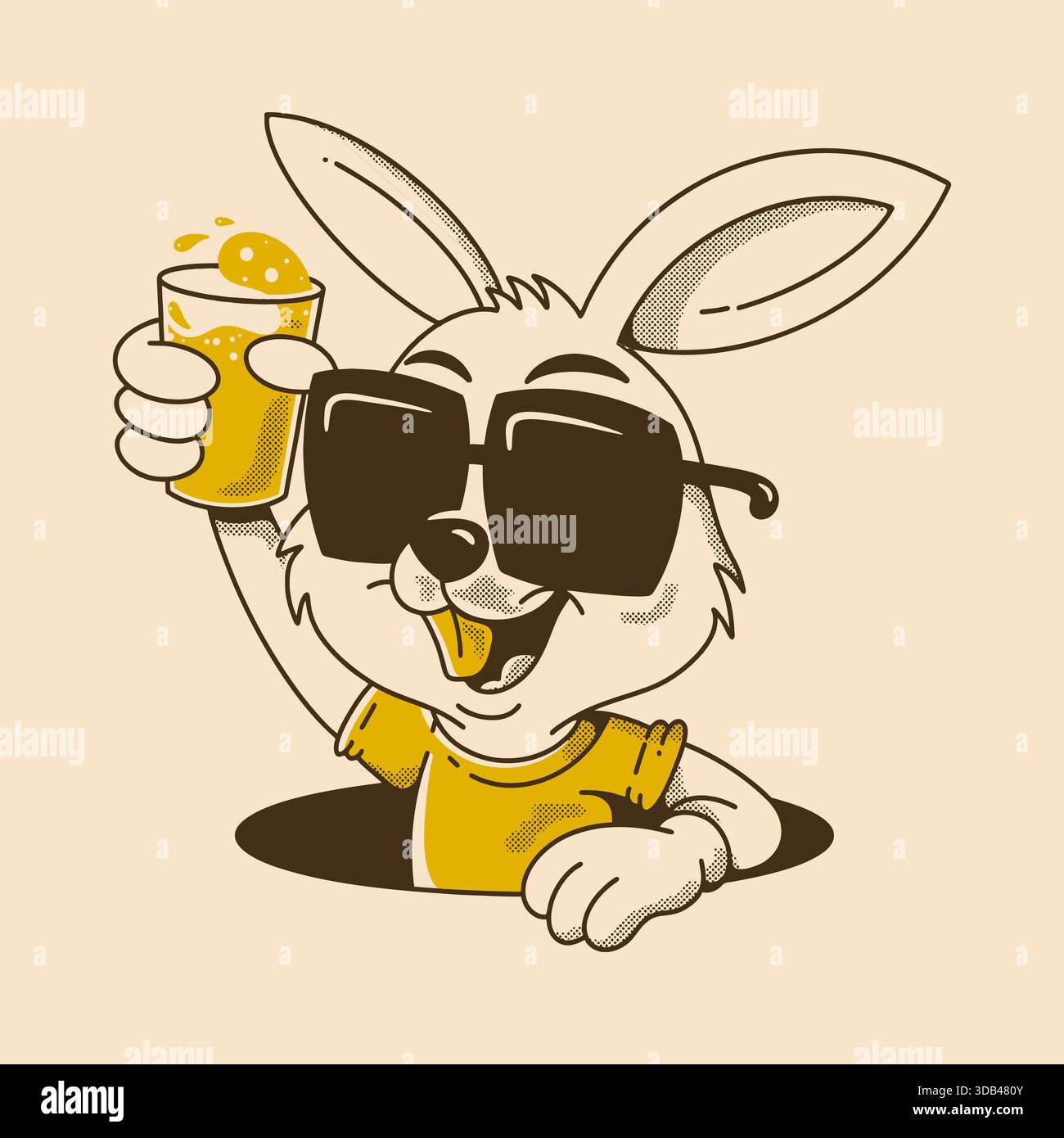 Cartoon rabbit wearing sunglasses, holding a drink, cheerful expression. - Stock Image