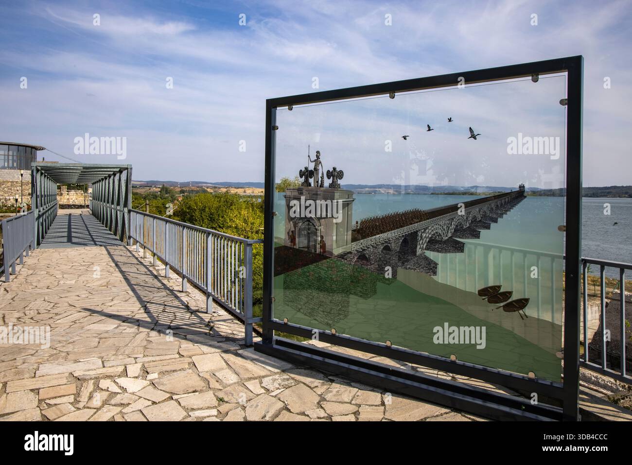 Illustration of the ancient Roman bridge over the Danube, exhibited in the Roman ruins Porta Principalis Dextra, Drobeta Turnu-Severin, Mehedinți, Rom Stock Photo