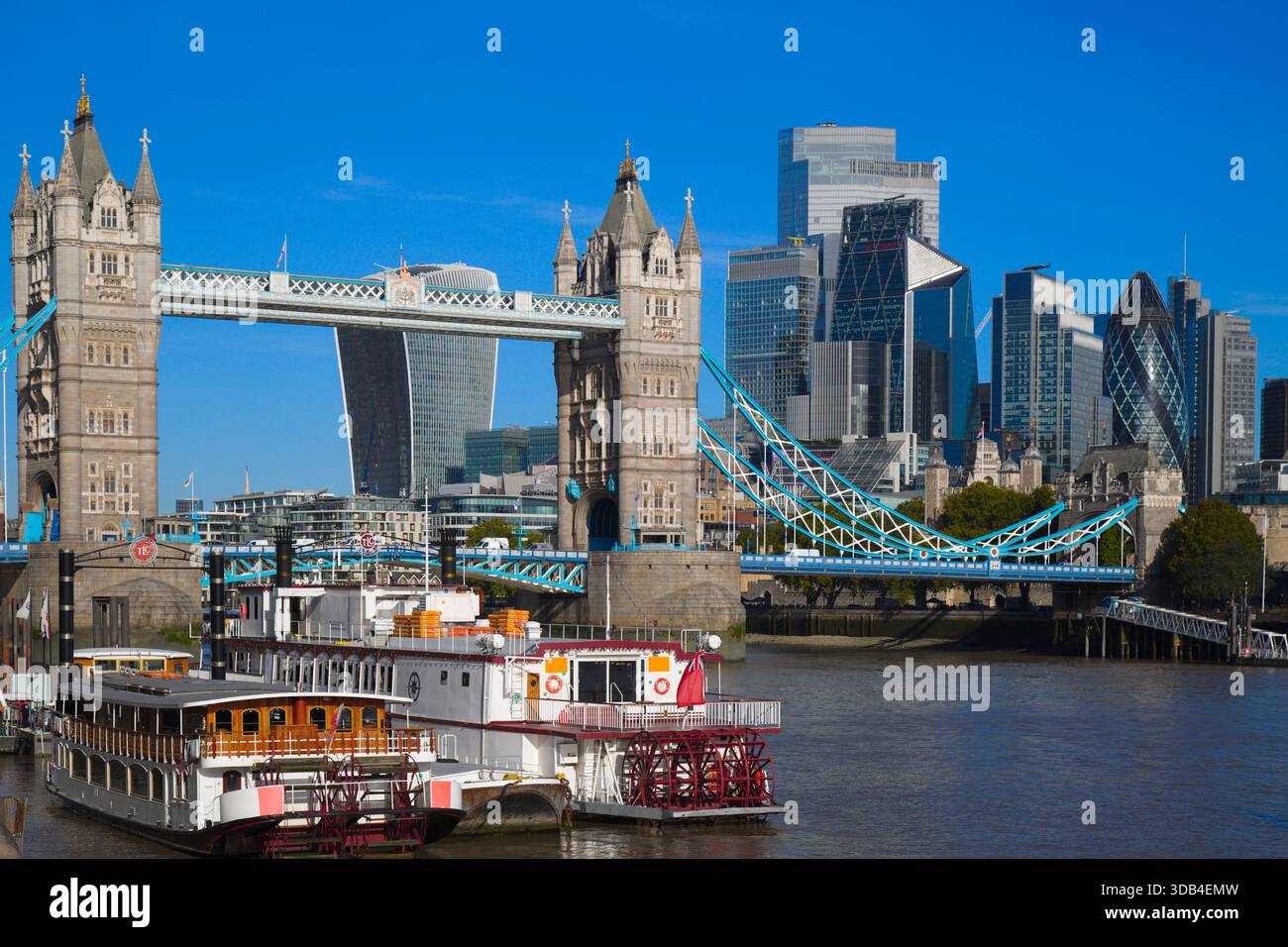 UK, England, London, Tower Bridge, The City skyline,  Thames River, boats, Stock Photo