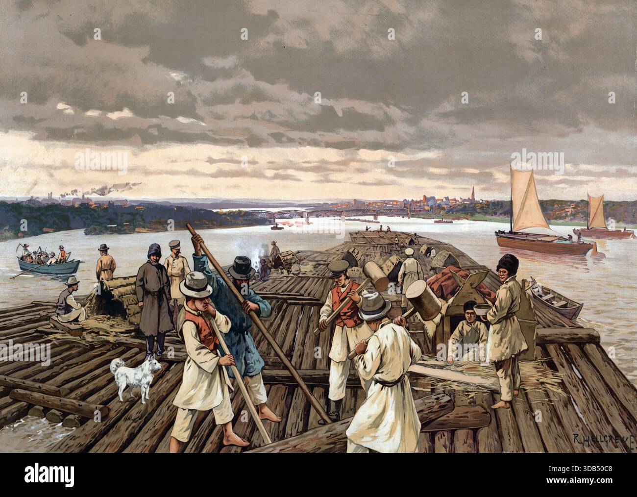 Historic Raft Timber rafting on the Vistula River near Toru?, now Poland, authentic ...