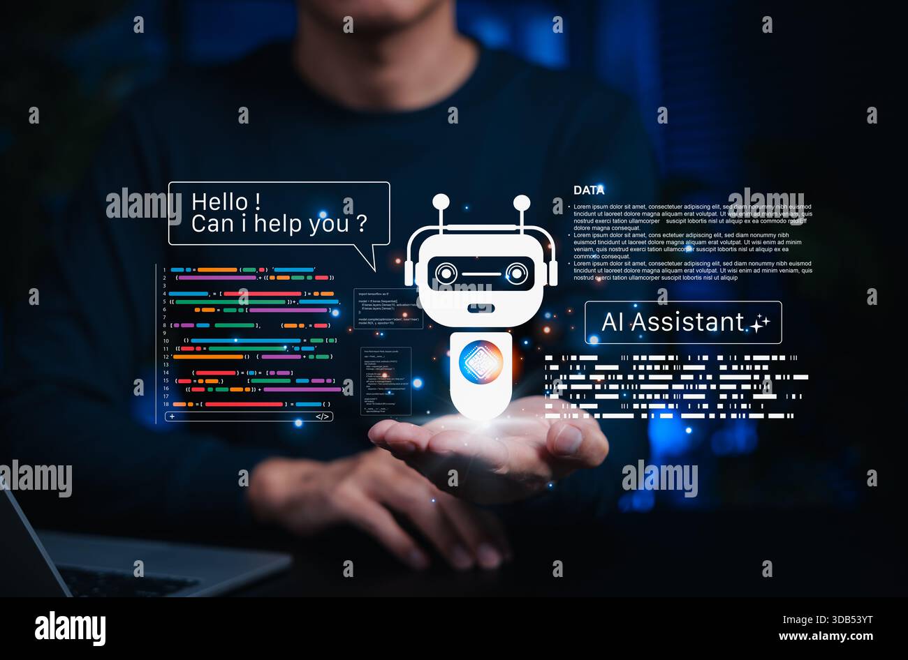 AI coding assistant for software development concept. machine learning code, Programmer holding virtual assistant code and AI robot Stock Photo