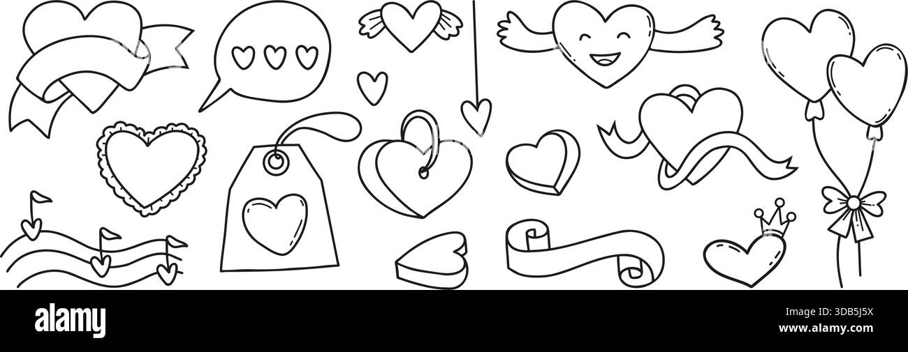 Outline Heart Valentine Doodle Set. Isolated Love Hand Drawn Elements. Comprehensive Collection for Romantic Design. Vector Illustration. Not AI Stock Vector