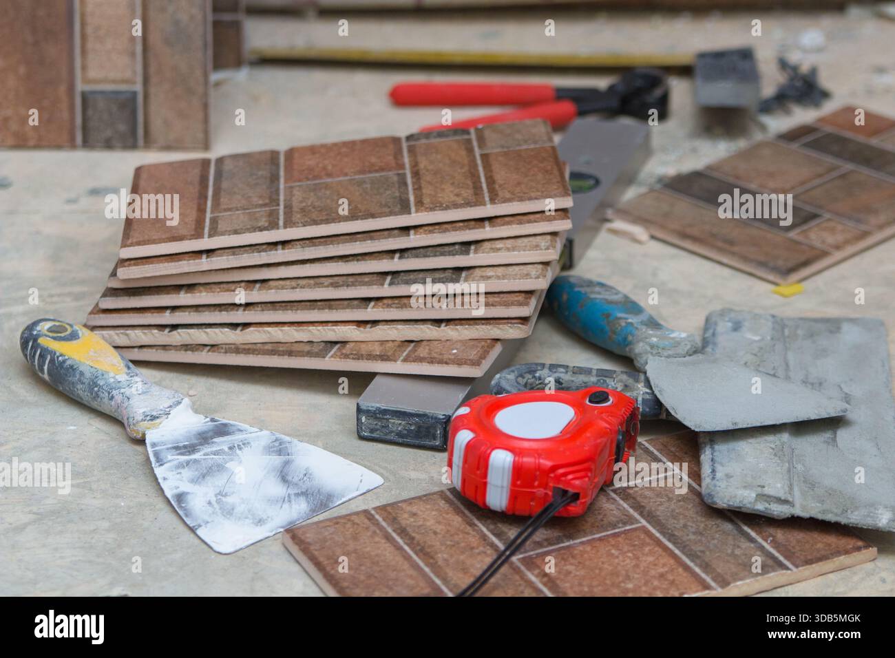 repair in the room for laying tiles in the kitchen Stock Photo