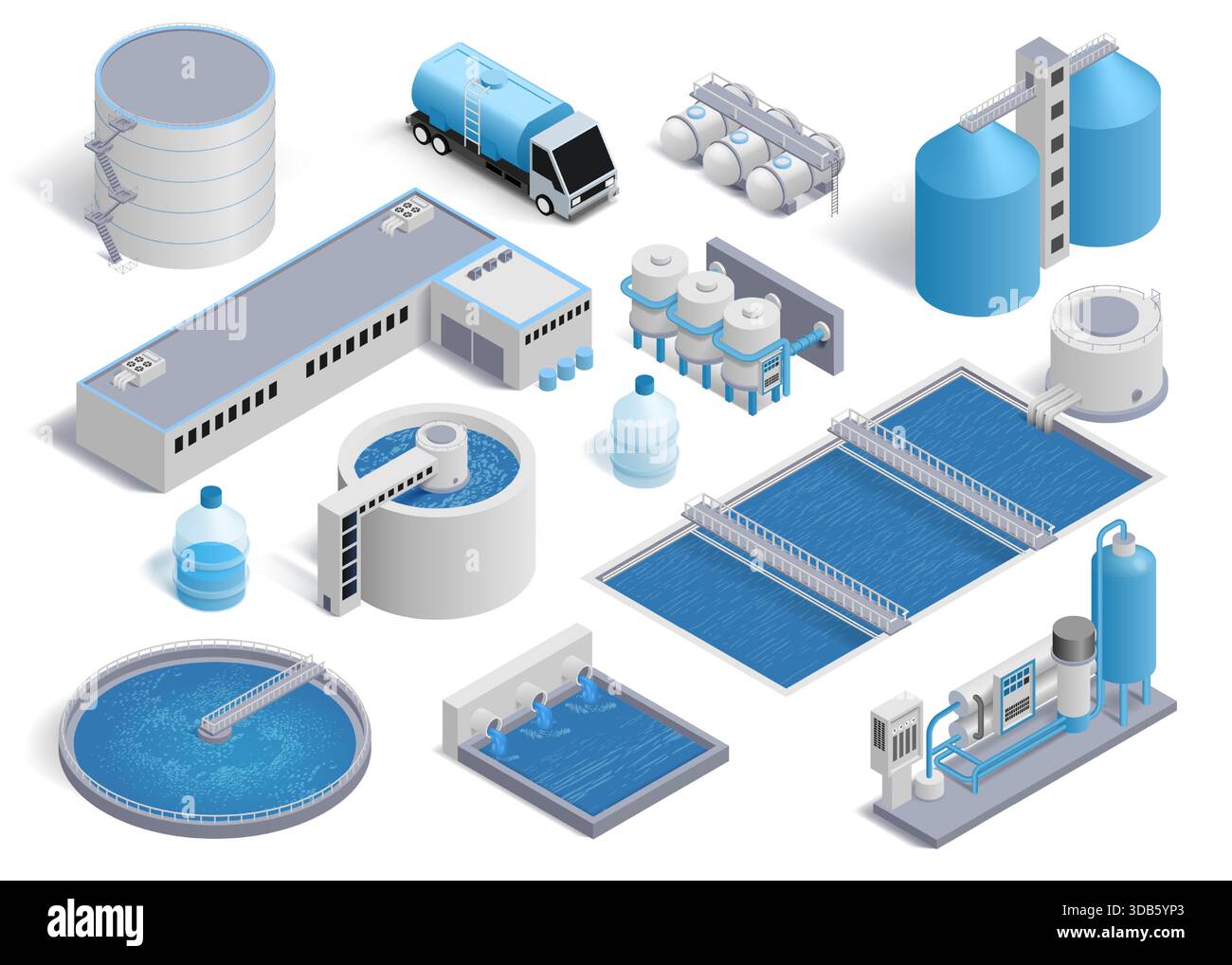 Water tank system. Plant treatment storage process. 3D clean pump. Sewage pipe. Purification reservoir tank. Architecture exterior. Filter station industry equipment. Vector factory constructions set Stock Vector