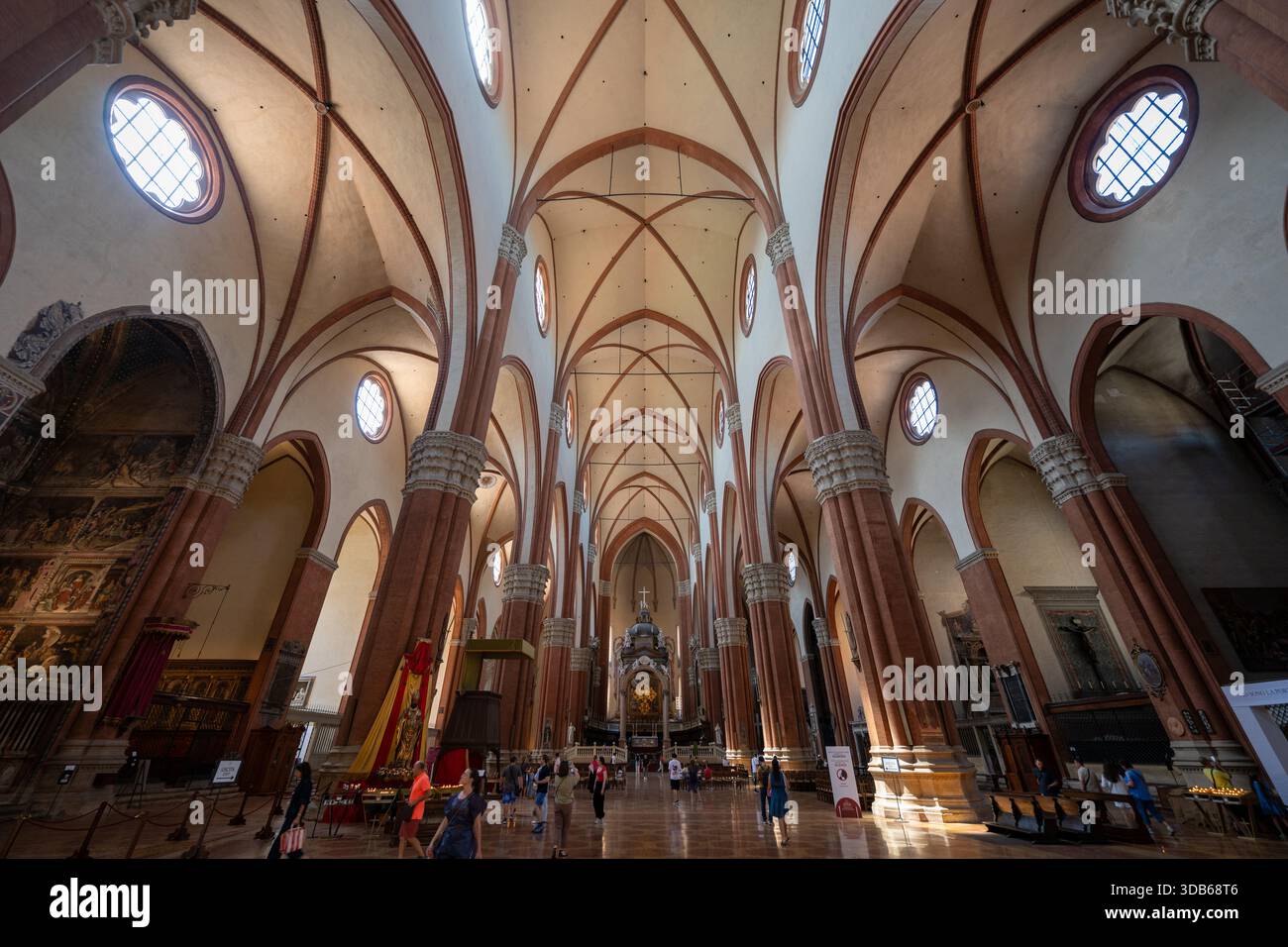 Bologna, Italy - Jul 23, 2025: Wide-angle view of the Gothic nave of the Basilica of San Petronio in Bologna, with ribbed vaults, stone columns and vi Stock Photo