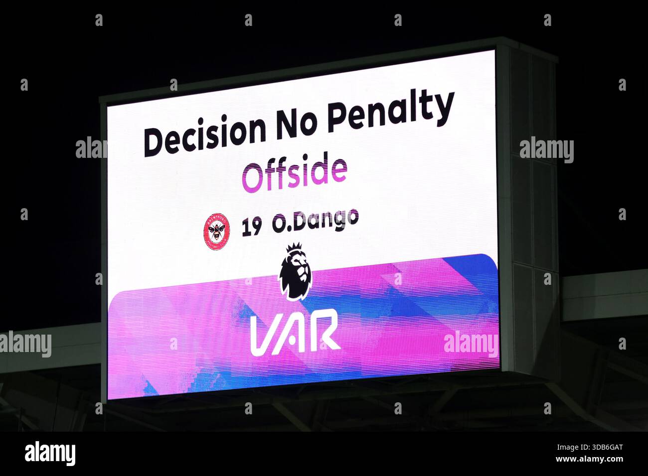 The big screen showing a VAR decision of no penalty during the Premier ...