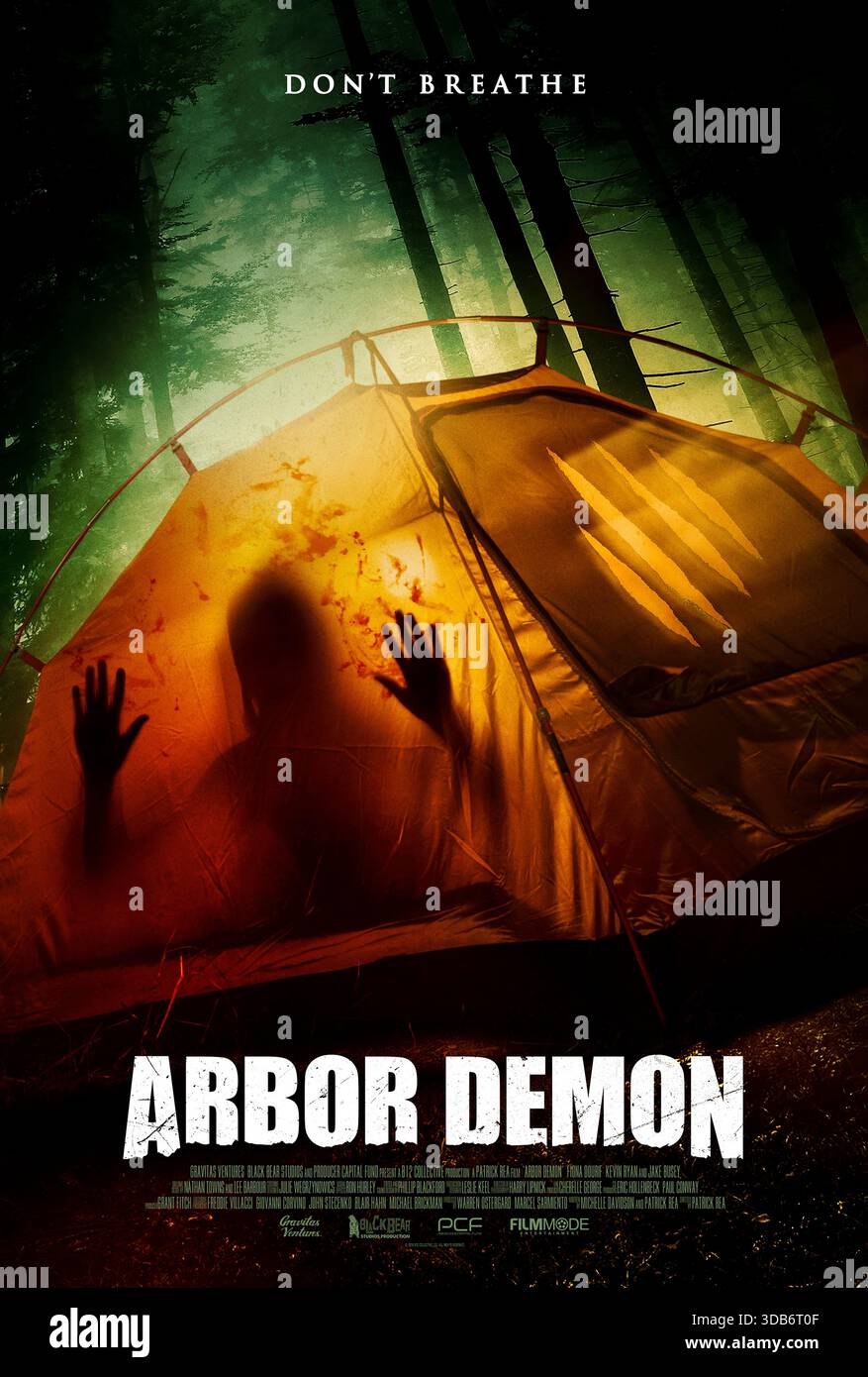Arbor Demon (2016) directed by Patrick Rea and starring Fiona Dourif, Rob  Bouton and Jake Busey. A couple camping in the woods find themselves  trapped by mysterious creatures after a violent incident, image size:877x1390