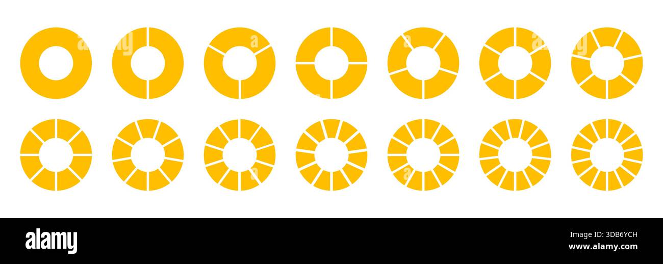 Wheel round divided diagrams with one, two, three, four, five, six, seven, eight, nine, ten, eleven, twelve, thirteen, fourteen segments. Circle Stock Vector