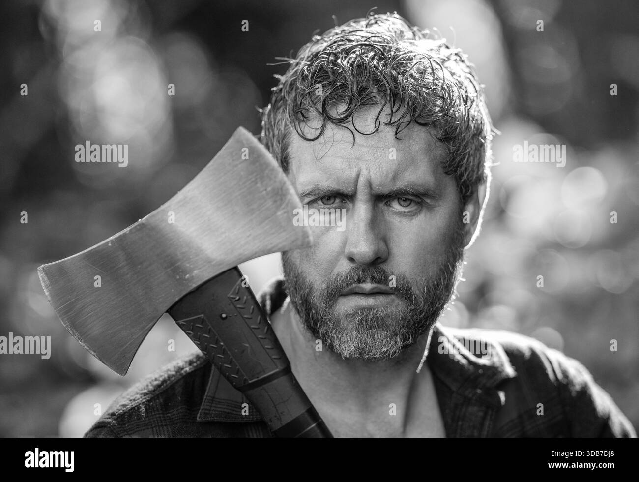 Lumberjack axe sweating. Man with logging axe. Hardworking brutal man ...