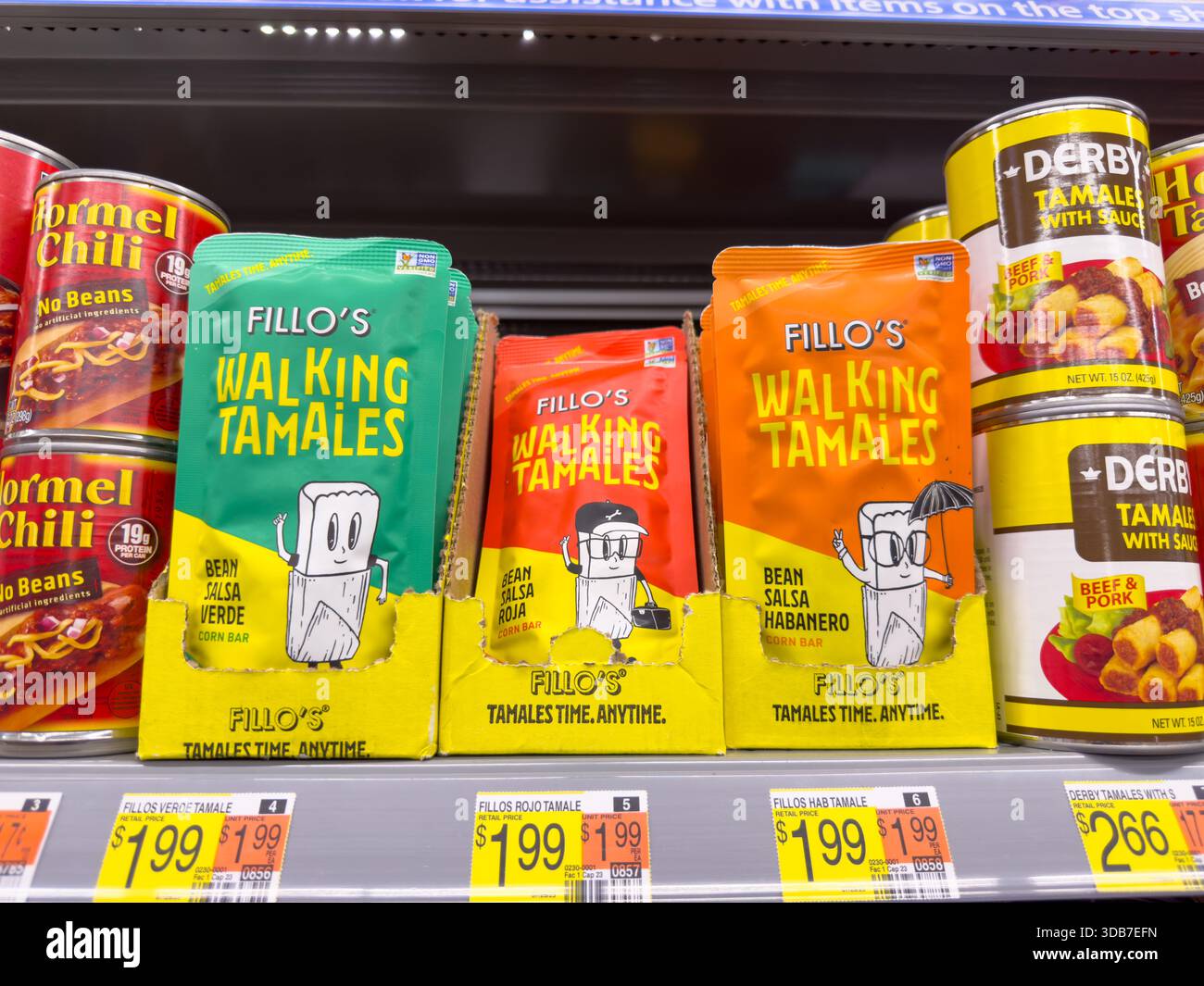 Los Angeles, California, United States - 09-30-2023: A view of several packages of Fillo's Walking Tamales, on display at a local grocery store. Stock Photo