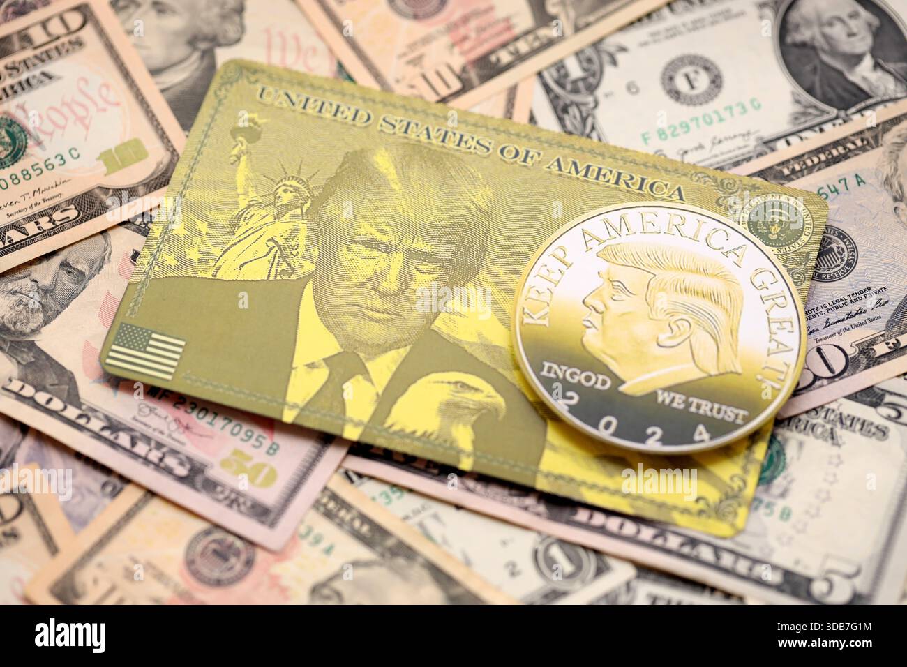 KYIV, UKRAINE - DECEMBER 13, 2025 Trump gold card and souvenir coin on big  amount of US dollar money bills banknotes close up Stock Photo - Alamy
