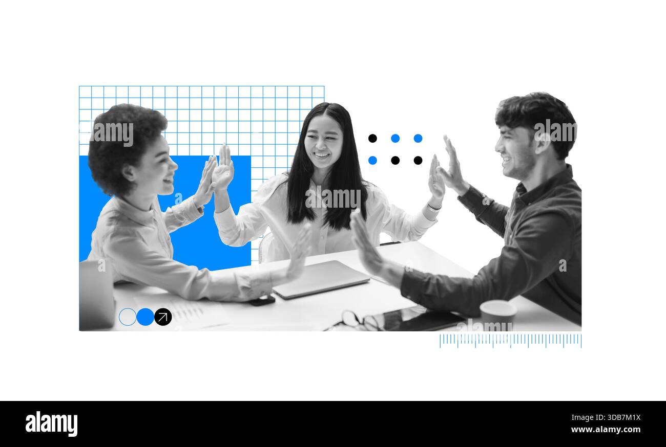 Creative Collaboration Among Three Colleagues During a Team Brainstorming Session Stock Photo