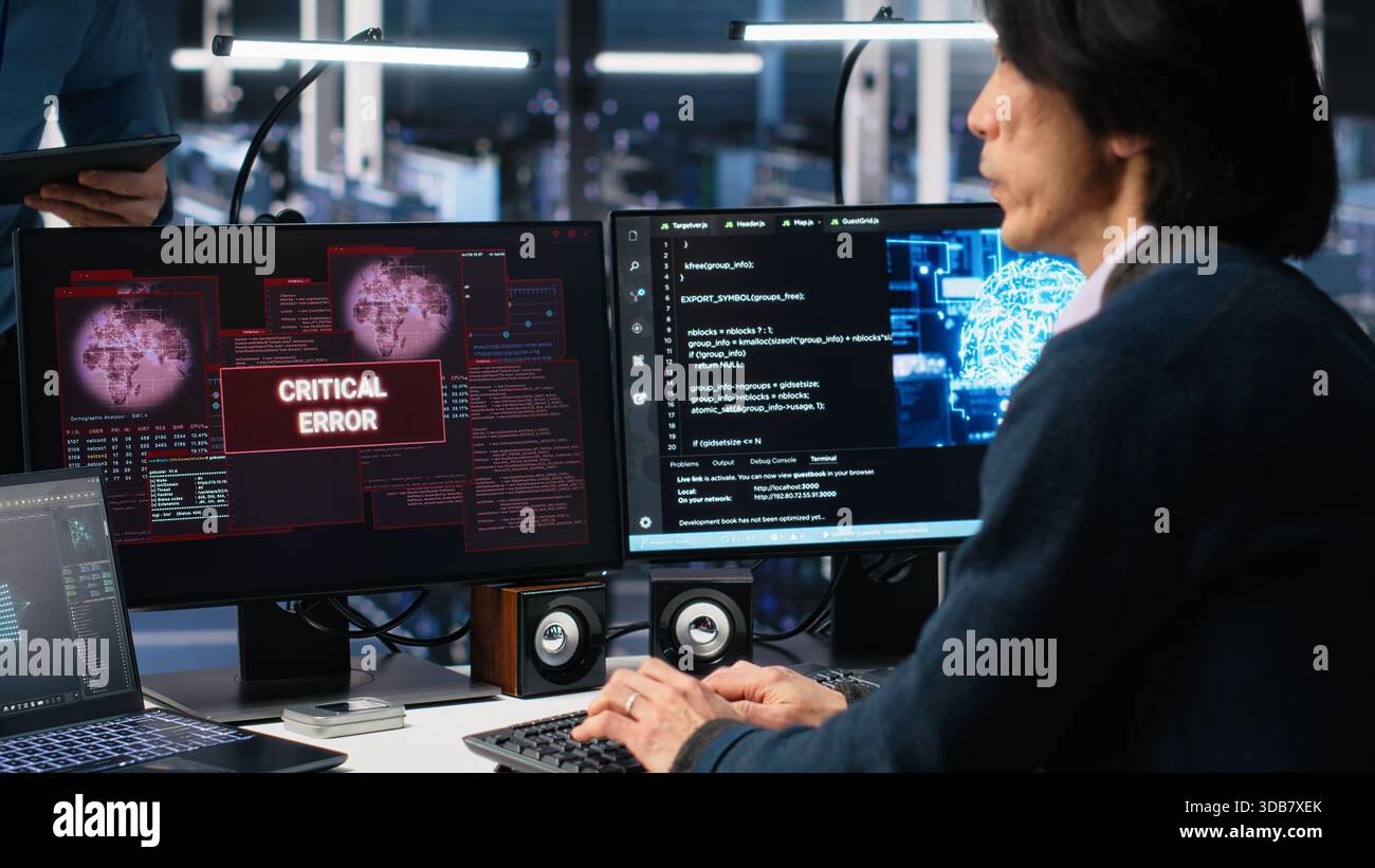 System administrators in data center struggle with computer bugs while using AI. Frustrated server farm coworkers doing brainstorming to fix system errors while using artificial intelligence, camera A Stock Photo