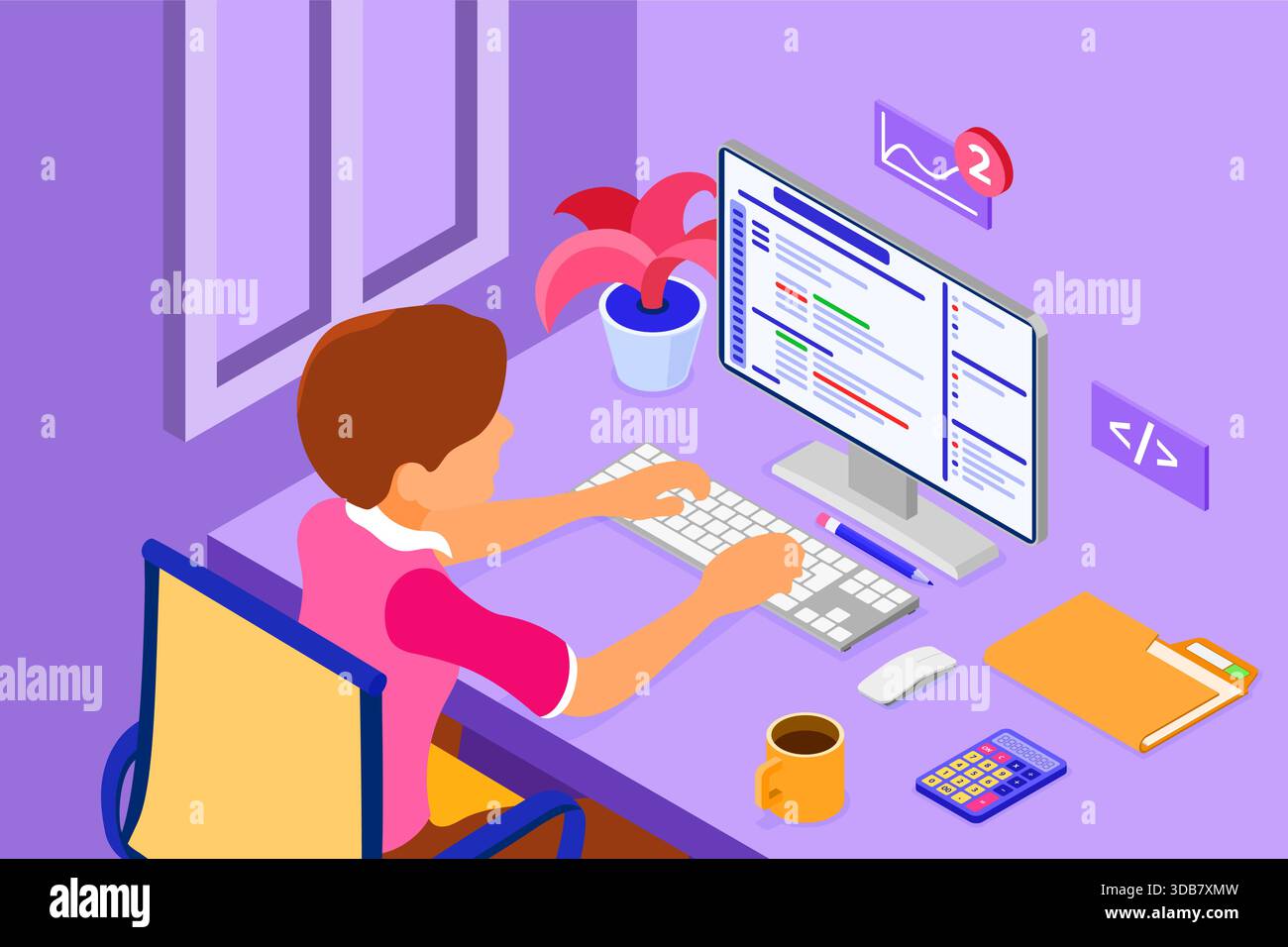 Software engineer developing program. Man sits at computer table and programs in Home Office. Developer creating program. Banner with isometric charac Stock Vector