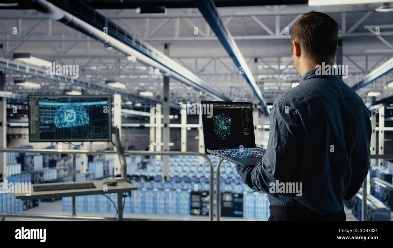 Data center admin using AI LLM chatbot suggestions to improve rigs processing speed and efficiency. Server hub worker using large language model to support artificial intelligence workloads, camera A Stock Photo