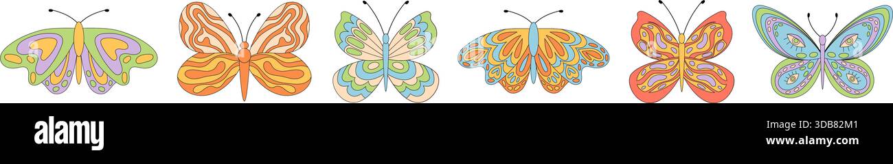 Groovy Y2K Butterfly Seamless Border Pattern Stock Vector