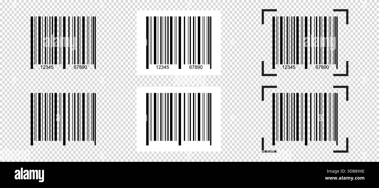 Set of different barcode stickers with scanner frame. Bar code tag ...
