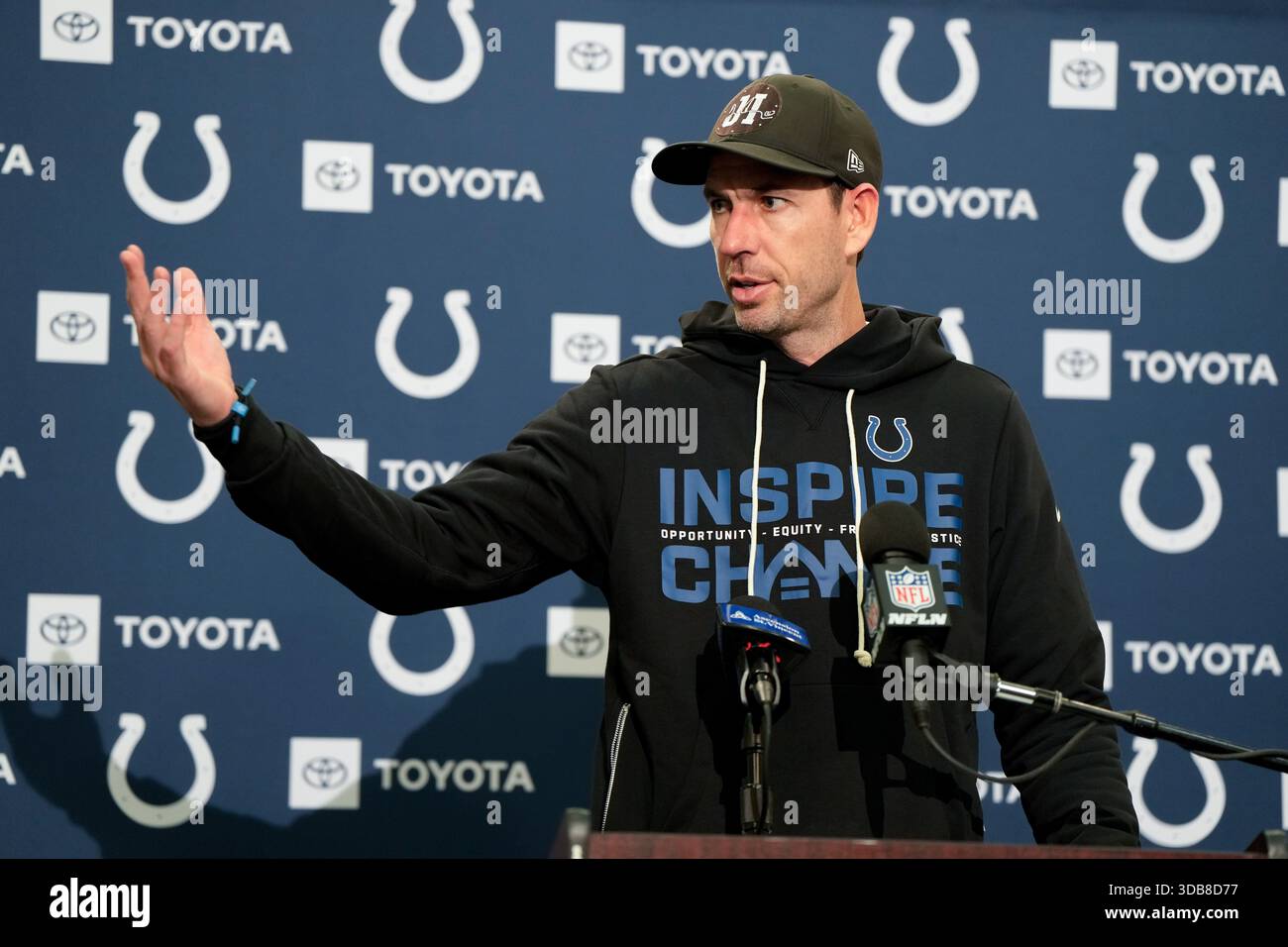 Steve Decatur Colts Indianapolis Colts head coach Shane Steichen speaks during a news ...
