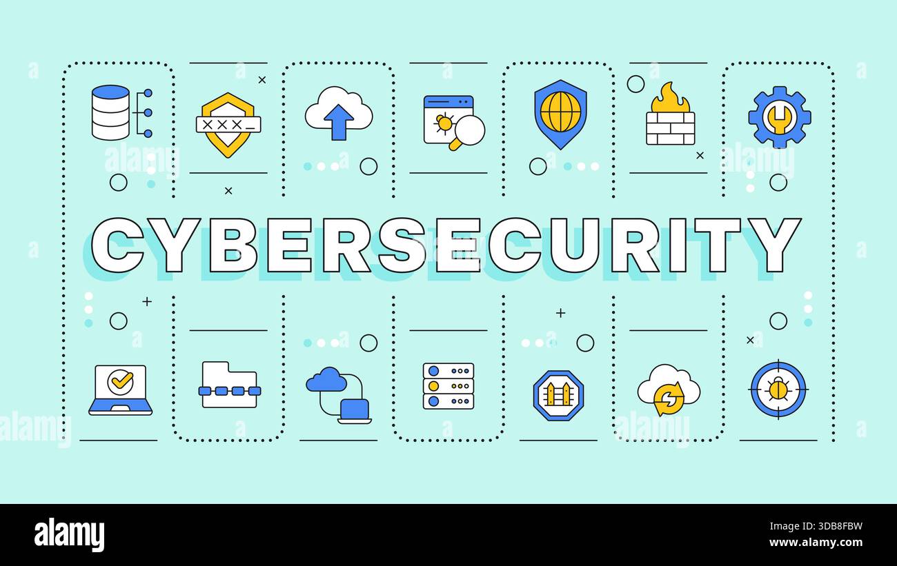 Cybersecurity turquoise word concept Stock Vector