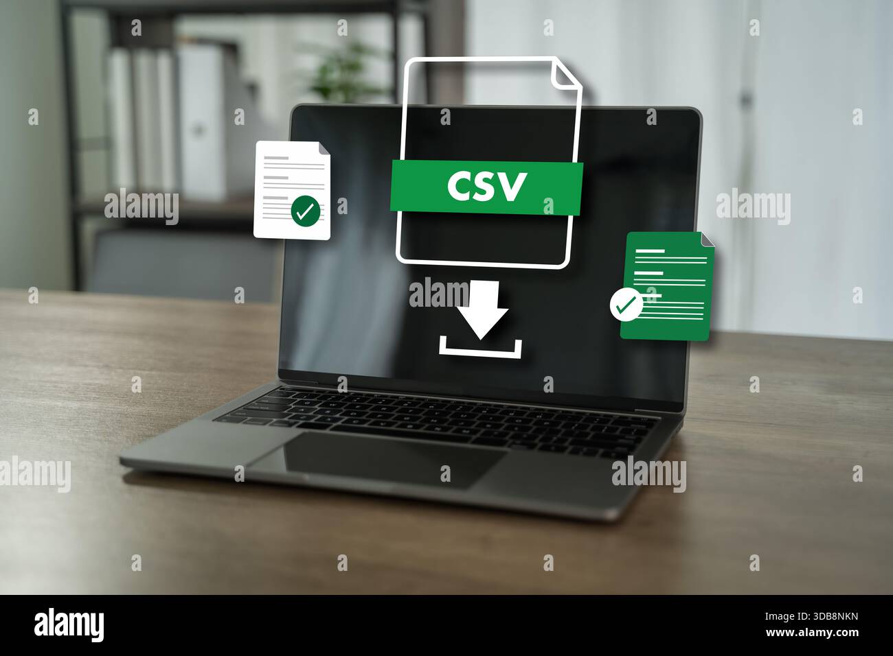 Report Download and Data Export workflow Export document sharing document tracking pdf document on computer Stock Photo