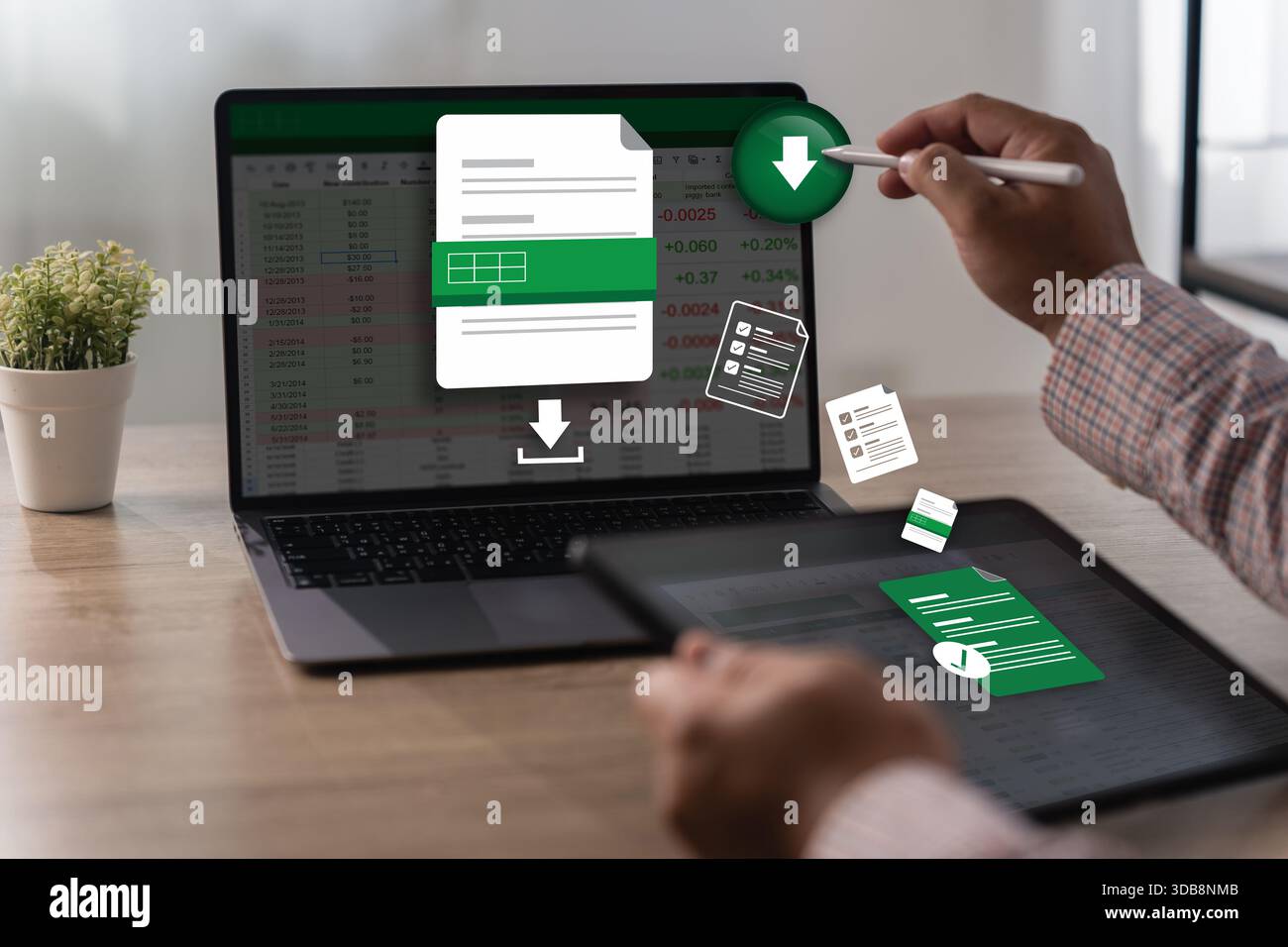Report Download and Data Export workflow Export document sharing document tracking pdf document on computer Stock Photo
