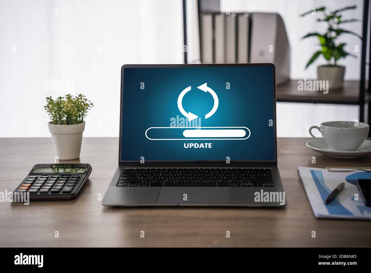 Update software application Person using laptop with software update progress interface and security, technology update digital transformation concept Stock Photo
