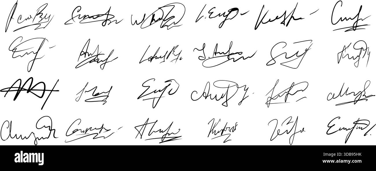 Set of fictitious handwritten signatures. Fake autographs for documents ...