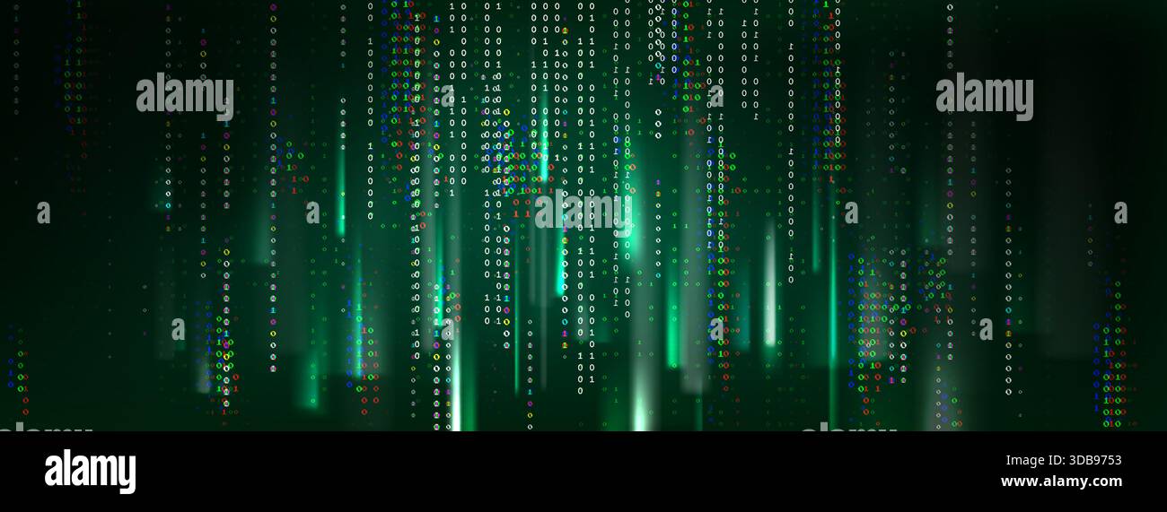 Green matrix code background with binary data numbers flowing in digital pattern. Cyber security screen with programming digits, hacker technology effect and dynamic 01 sequence for tech wallpaper. Stock Vector