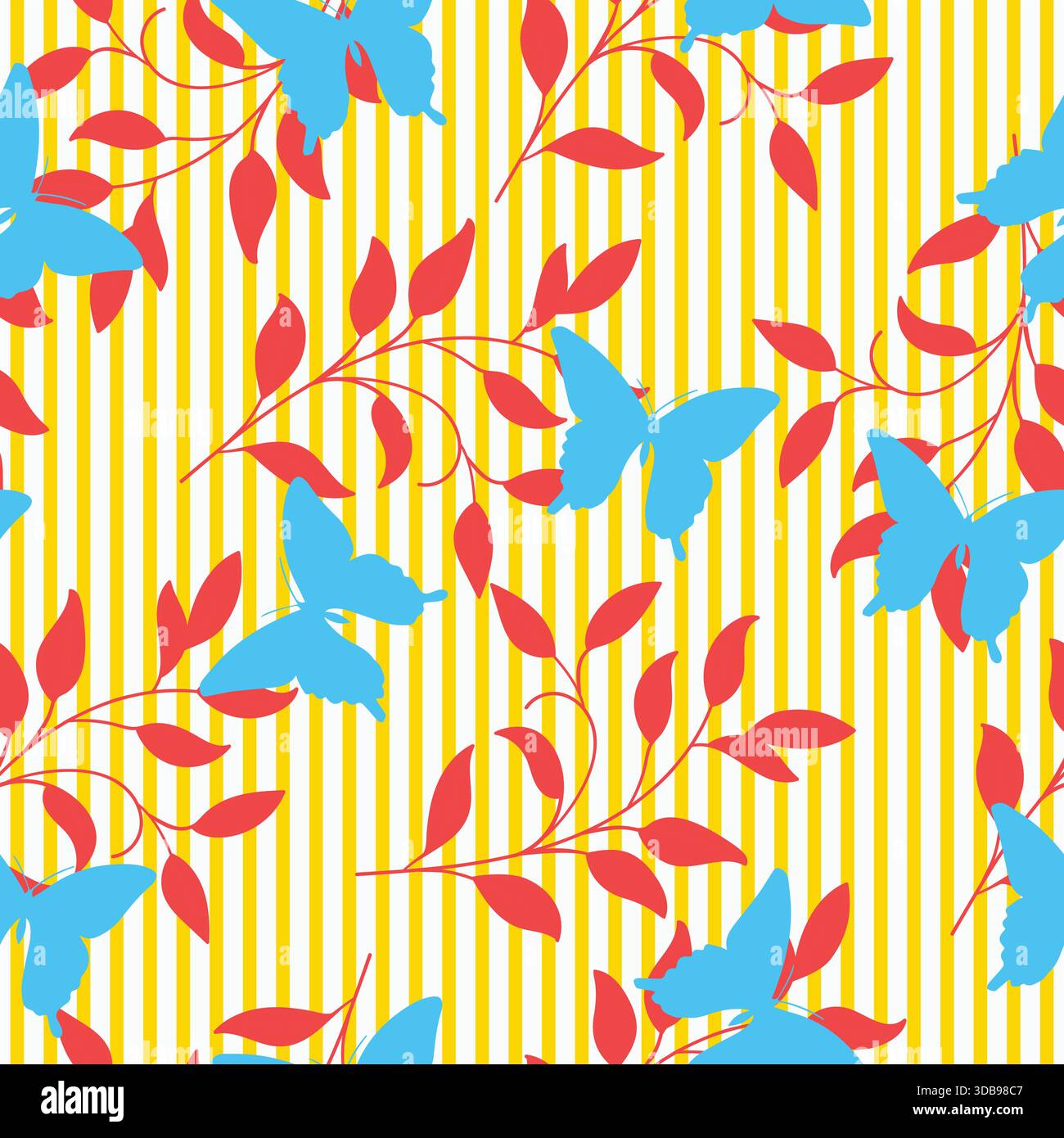 Cute butterfly and leaves vector seamless pattern on stripes background Stock Vector