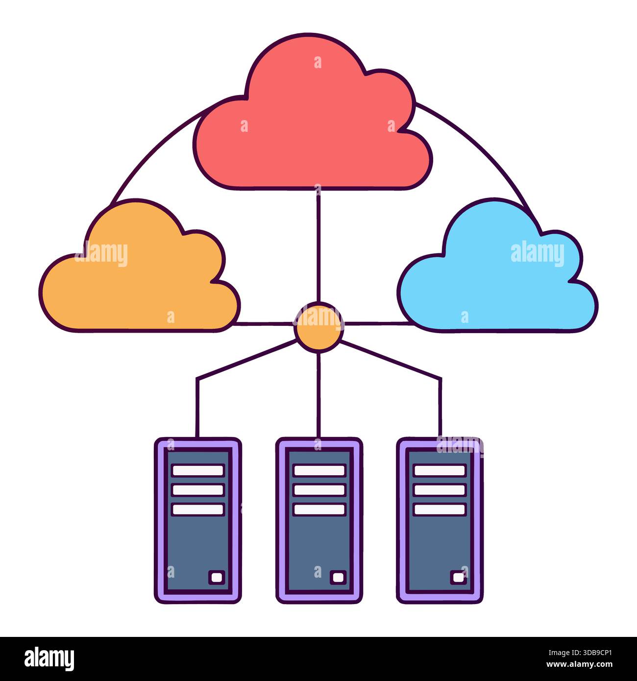 Cloud computing network with three connected servers and data storage Stock Vector